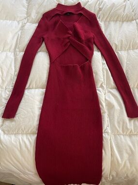 Say What? Burgundy Twist-Front Long Sleeve Ribbed Midi Dress